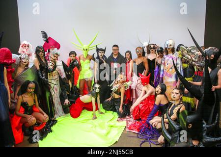 London, UK. 21st Feb, 2023. Models and fashion designer, Qiqi Yuan at the Buerlangma autumn/winter collection show during London Fashion Week 2023 at the Fashion Scout in East London. Fashion designer, Qiqi Yuan, and supermodel Yuanbochao founded Buerlangma in 2020 in Beijing, China. Buerlangma is a brand that values individuality, richness, and diversity, and communicate the bravery, freedom, and rights of each individual through fashion design and the incorporation of diverse cultural elements. (Photo by Dinendra Haria /SOPA Images/Sipa USA) Credit: Sipa USA/Alamy Live News Stock Photo