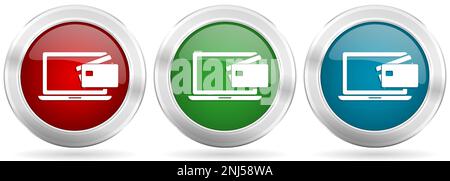 Online, mobile payment vector icon set. Red, blue and green silver metallic web buttons with chrome border Stock Vector