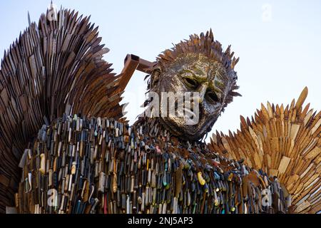 The Knife Angel Sculpture outside Gloucester Cathedral. Made from over 100,000 knives handed in or confiscated by police and stands over 27ft tall