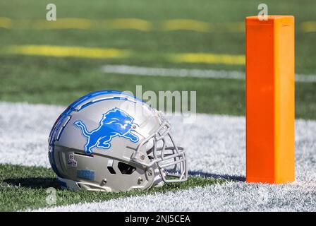 The throwback logo of the New England Patriots is seen on a helmet during  an NFL football game against the Detroit Lions at Gillette Stadium, Sunday,  Oct. 9, 2022 in Foxborough, Mass. (Winslow Townson/AP Images for Panini  Stock Photo - Alamy