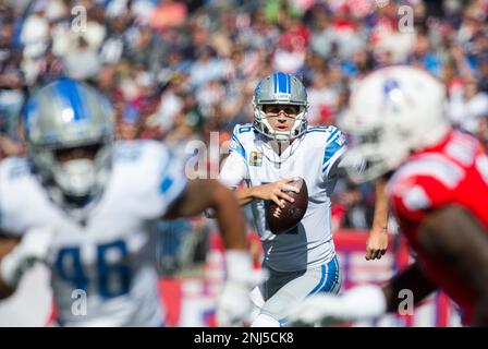 FOXBOROUGH, MA - OCTOBER 09: Detroit Lions running back Jamaal Williams  (30) interacts with fans prior to the NFL game between Detroit Lions and  New England Patriots on October 9, 2022, at