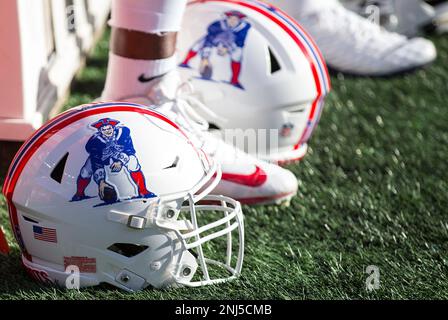 The throwback logo of the New England Patriots is seen on a helmet during  an NFL football game against the Detroit Lions at Gillette Stadium, Sunday,  Oct. 9, 2022 in Foxborough, Mass. (Winslow Townson/AP Images for Panini  Stock Photo - Alamy