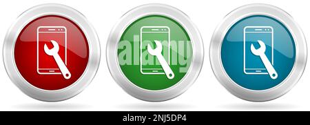 Mobile phone, smartphone service vector icon set. Red, blue and green silver metallic web buttons with chrome border Stock Vector