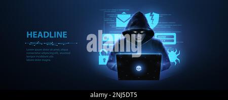 Hacker. Cyber criminal with laptop and related icons behind it. Cyber crime, hacker activity, ddos attack, digital system security, fraud money Stock Vector