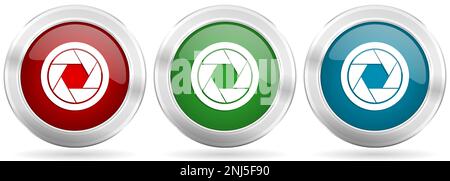 Photo shutter, camera, photography vector icon set. Red, blue and green silver metallic web buttons with chrome border Stock Vector