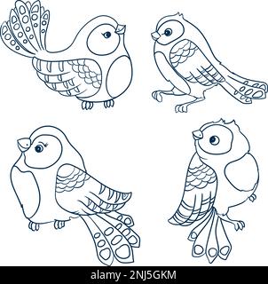 Set of four little  birds in cartoon style, hand drawing, Sketch  doodle monochrome vector illustration Stock Vector