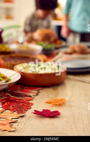 Decorations On Table Set For Thanksgiving Meal At Home Stock Photo