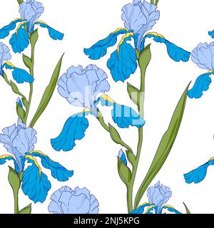 blue irises, branch with flowers, seamless vector pattern. Drawing flowers on a white background Stock Vector