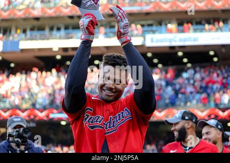 Cleveland Guardians fans cheer before a wild card baseball playoff