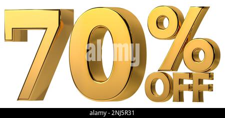 3d golden 70 % off discount isolated on transparent background for sale promotion. Number with percent sign. Stock Photo