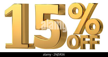3d golden 15 % off discount isolated on transparent background for sale promotion. Number with percent sign. Stock Photo