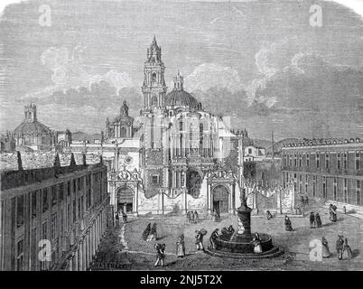 Plaza de Santo Domingo and Baroque Church of Santo Domingo Mexico City Mexico. Vintage Engraving or Illustration 1862 Stock Photo