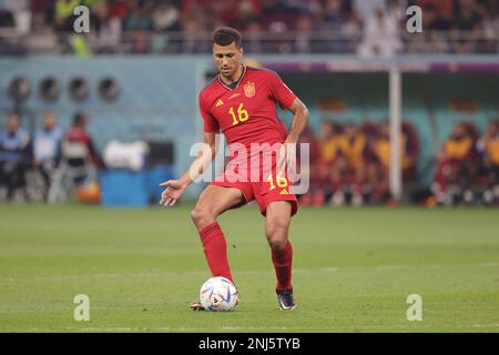 Rodrigo Hernandez Cascante, aka Rodri of Spain in action during the FIFA World Cup Qatar 2022 match between Japan and Spain at Khalifa International Stadium. Final score: Japan 2:1 Spain. Stock Photo