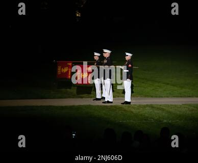 Barracks Marines perform “officers call” during a Friday Evening Parade at Marine Barracks Washington D.C., Aug 08, 2022. The hosting official for the evening was General David H. Berger, 38th Commandant of the Marine Corps, and the guest of honor was the Honorable Erik K. Raven, Under Secretary of the Navy. Stock Photo