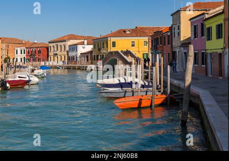 View of Canale di San Donato and Ponte San Martino at Murano Island, Venice, Italy in February Stock Photo