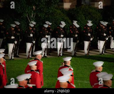 Marines with Alpha Company, Marine Barracks Washington “fix bayonets” during a Friday Evening Parade at MBW, Aug 08, 2022. The hosting official for the evening was General David H. Berger, 38th Commandant of the Marine Corps, and the guest of honor was the Honorable Erik K. Raven, Under Secretary of the Navy. Stock Photo