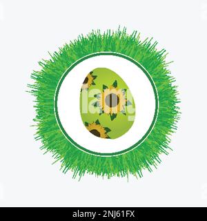 Round Circular Easter Wreath Made Of Green Grass With Easter Egg Decorated With Sunflowers Over White Background Stock Vector