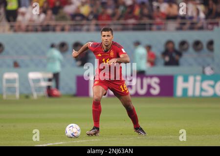 Rodrigo Hernandez Cascante, aka Rodri of Spain in action during the FIFA World Cup Qatar 2022 match between Japan and Spain at Khalifa International Stadium. Final score: Japan 2:1 Spain. (Photo by Grzegorz Wajda / SOPA Images/Sipa USA) Stock Photo