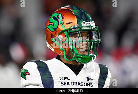 WASHINGTON, DC - FEBRUARY 19: A close up view of a D.C. Defenders helmet  logo and helmet during the Seattle Sea Dragons versus D.C. Defenders XFL  football game on February 19, 2023