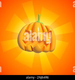 Halloween Realistic 3d Yellow Pumpkin with happy face. 3d rendered object. Design element isolated on orange background. Stock Vector