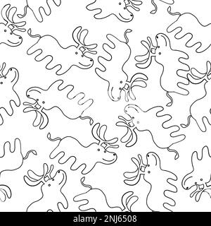 Cute Christmas Deers seamless pattern in outline doodle style. Vector illustration isolated on white background. Stock Vector