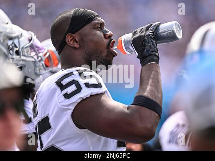NASHVILLE, TN - SEPTEMBER 25: Las Vegas Raiders offensive tackle Thayer  Munford Jr. (77) looks on during warmups before the game between the  Tennessee Titans and the Las Vegas Raiders on September