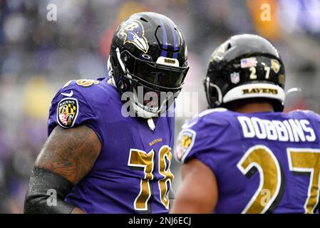 Baltimore Ravens running back J.K. Dobbins (27) runs with the ball against  the New York Giants during an NFL football game Sunday, Oct. 16, 2022, in  East Rutherford, N.J. (AP Photo/Adam Hunger