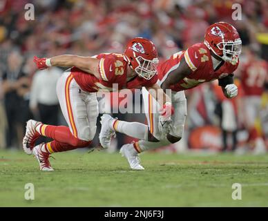 Kansas City Chiefs linebacker Jermaine Carter (53) runs on the field during  the first half of a preseason NFL football game against the Chicago Bears,  Saturday, Aug. 13, 2022, in Chicago. (AP