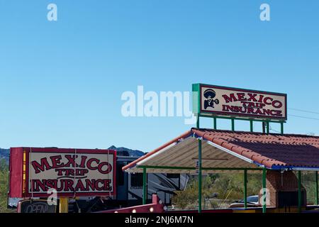 Ajo, AZ - Nov. 28, 2022: Mexico Trip Insurance is auto insurance for US travelers headed into Mexico where you are required to have liability insuranc Stock Photo