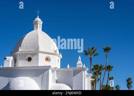 Immaculate Conception Catholic Church in Ajo, Arizona is one of the few functional churches left made of adobe Stock Photo