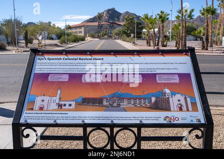 Ajo, AZ - Nov. 28, 2022: Sign for Ajo's Spanish Colonial Revival architecture in downtown. Stock Photo
