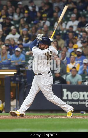 MILWAUKEE, WI - SEPTEMBER 16: Milwaukee Brewers first baseman Rowdy Tellez  (11) gets a hit during a game between the Milwaukee Brewers and the  Washington Nationals on September 16, 2023 at American