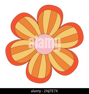 Retro 70s Groovy Hippie sticker daisy flower. Psychedelic cartoon element -funky illustration in vintage hippy style. Vector flat illustration for Stock Vector