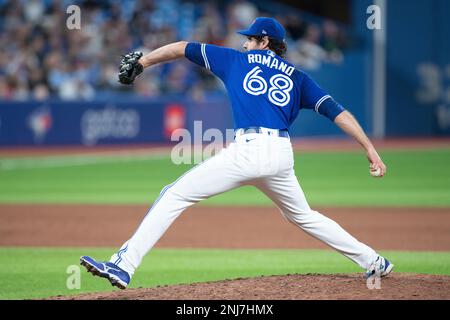 Toronto, Canada, 12/07/2022, Toronto Blue Jays pitcher Jordan Romano (68)  looks on before throwing a pitch during the ninth inning of interleague MLB  action against the Philadelphia Phillies in Toronto on Tuesday