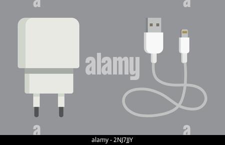 Smartphone USB charger adapter in different view with USB Micro cable. Stock Vector