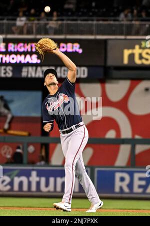 WASHINGTON, DC - SEPTEMBER 21: Atlanta Braves first baseman Matt Olsen (28)  connects for a home run during the Atlanta Braves versus Washington  Nationals MLB game at Nationals Park on September 21