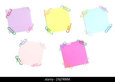 Multi colored paper stickers for writing notes white background Stock Photo