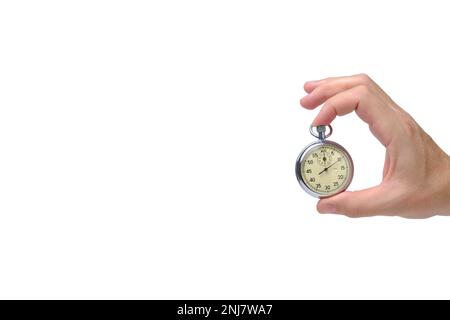 Stopwatch in hand white background Stock Photo