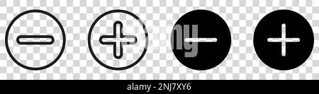 Plus and Minus icon shape button set. Add, zoom, cross, positive logo symbol. Cancel, delete, exit negative line sign. Stock Vector