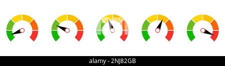 Speedometer rating vector illustration. Collection of colorful tachometer sign with arrow. Customers indicators of satisfaction. Stock Vector