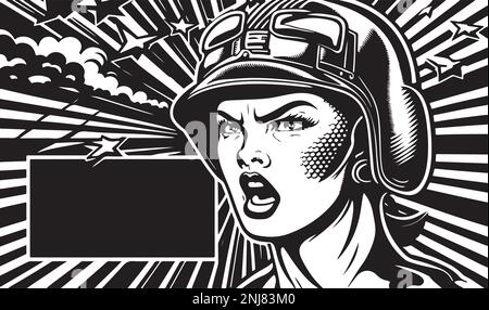 Beautiful and trendy black and white linocut art or colouring page of a soldier in war Stock Vector