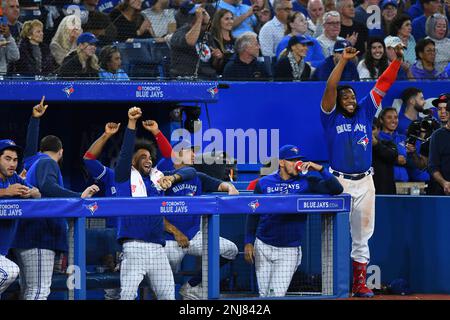 TORONTO, ON - SEPTEMBER 30: Toronto Blue Jays Right Field Teoscar Hernandez  (37) celebrates making the playoffs in the club house after the regular  season MLB game between the Boston Red Sox