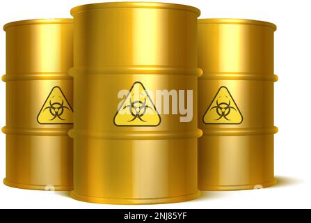 3d realistic vector icon illustration biohazard waste yellow barrels. Isolated on white background. Stock Vector