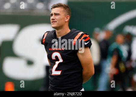 Cincinnati Bengals kicker Evan McPherson (2) runs off the field after an  NFL football game against the New York Jets, Sunday, Oct. 31, 2021, in East  Rutherford, N.J. (AP Photo/Adam Hunger Stock