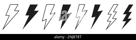 Vector electric lightning bolt logo set isolated on white background for electric power symbol, poster, t shirt. Thunder icon. Storm pictogram. Flash Stock Vector