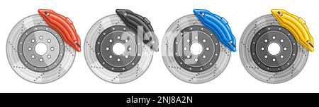 Vector Disc Brakes Set, horizontal decorative banner with collection of cut out illustrations four brake discs in a row, 4 brake system with colorful Stock Vector