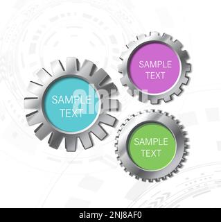 Colorful metal gear wheels infographic buttons, team work, 3d realistic vector icon illustration. on tech background. Stock Vector