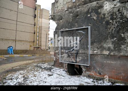 IRPIN, UKRAINE - FEBRUARY 22, 2023 - A protective glass case seals the art piece that depicts a rhythmic gymnast performing the ribbon routine created Stock Photo