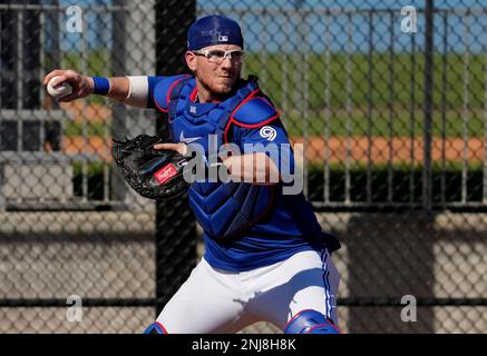 Toronto Blue Jays catcher Danny Jansen (9) gives a forearm bump to left  fielder Daulton Varsho (25) after Varsho connected on a 3 run home run to  give the Blue Jays a