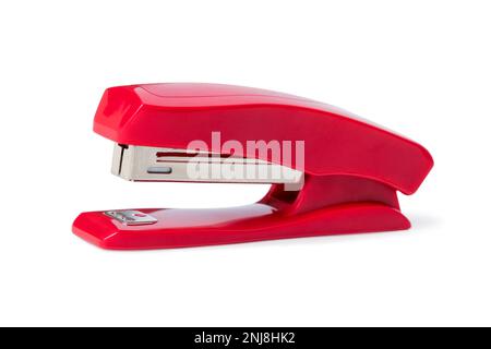 Red office stapler closeup isolated on white background Stock Photo